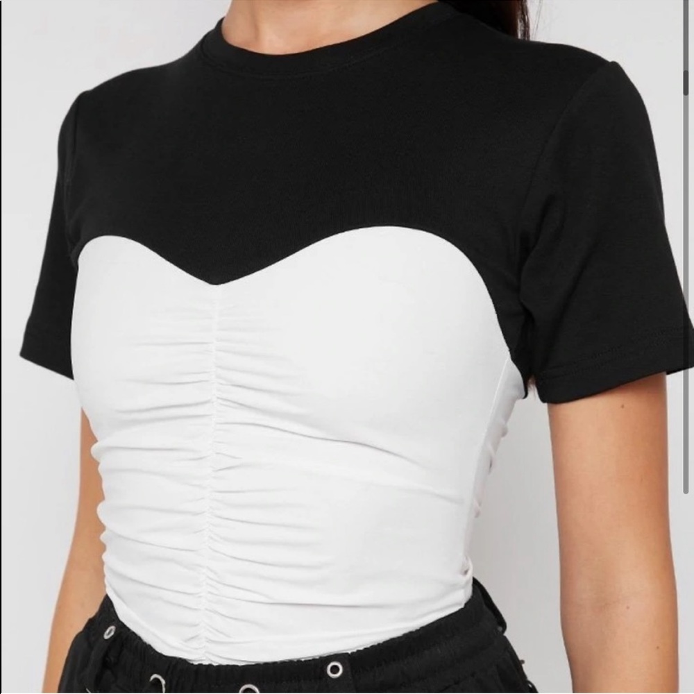 RUCHED BANDEAU T SHIRT - WHITE/BLACK